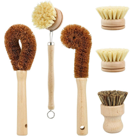 6 Piece Bamboo Dish Brush Set for Kitchen Cleaning Dishes | Essentials Household Supplies